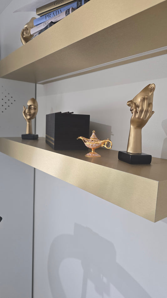 8 brass floating shelves with LED 30×10×2.5 (wires right side)