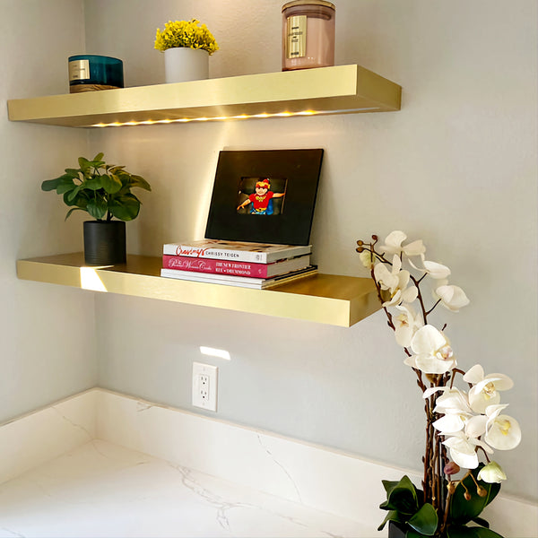 Golden Stainless Steel and Wood Floating Shelf with LED